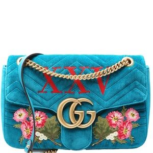 Gucci Blue and Gold Crossbody Medium Marmont Bag with Chevron Quilting (Limited)